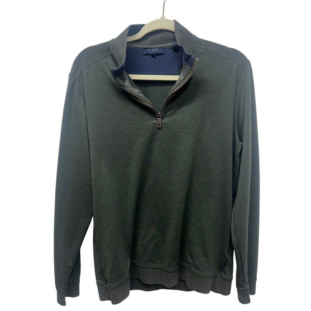 Ted Baker London Caravan Quarter Zip Pullover Dark Olive Green Slub Knit 4 large